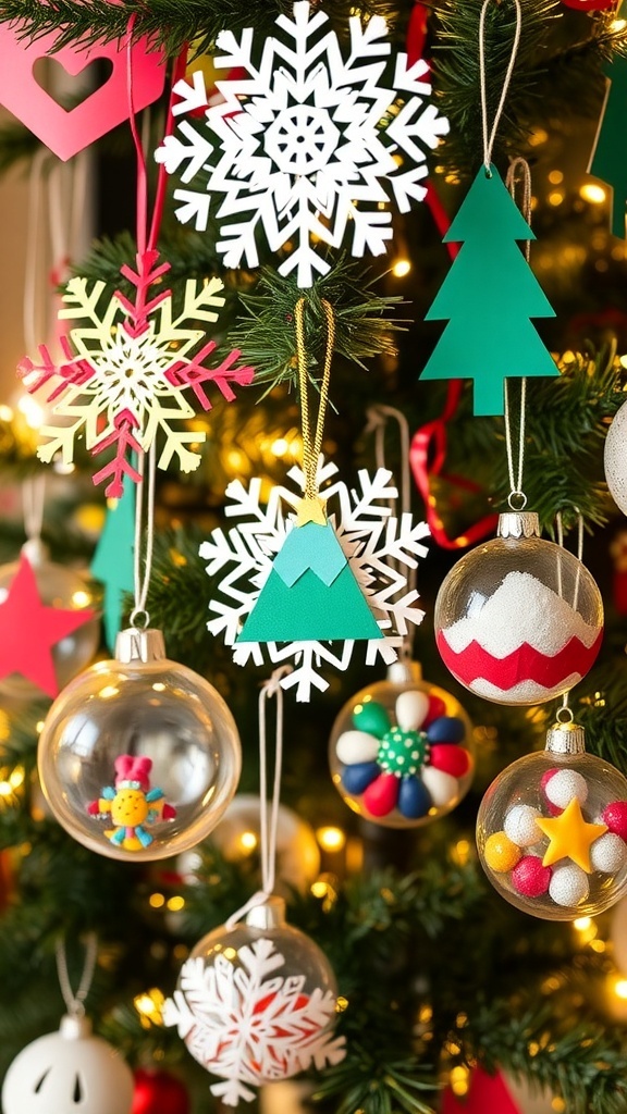 A collection of colorful DIY Christmas ornaments made by children, displayed on a Christmas tree.